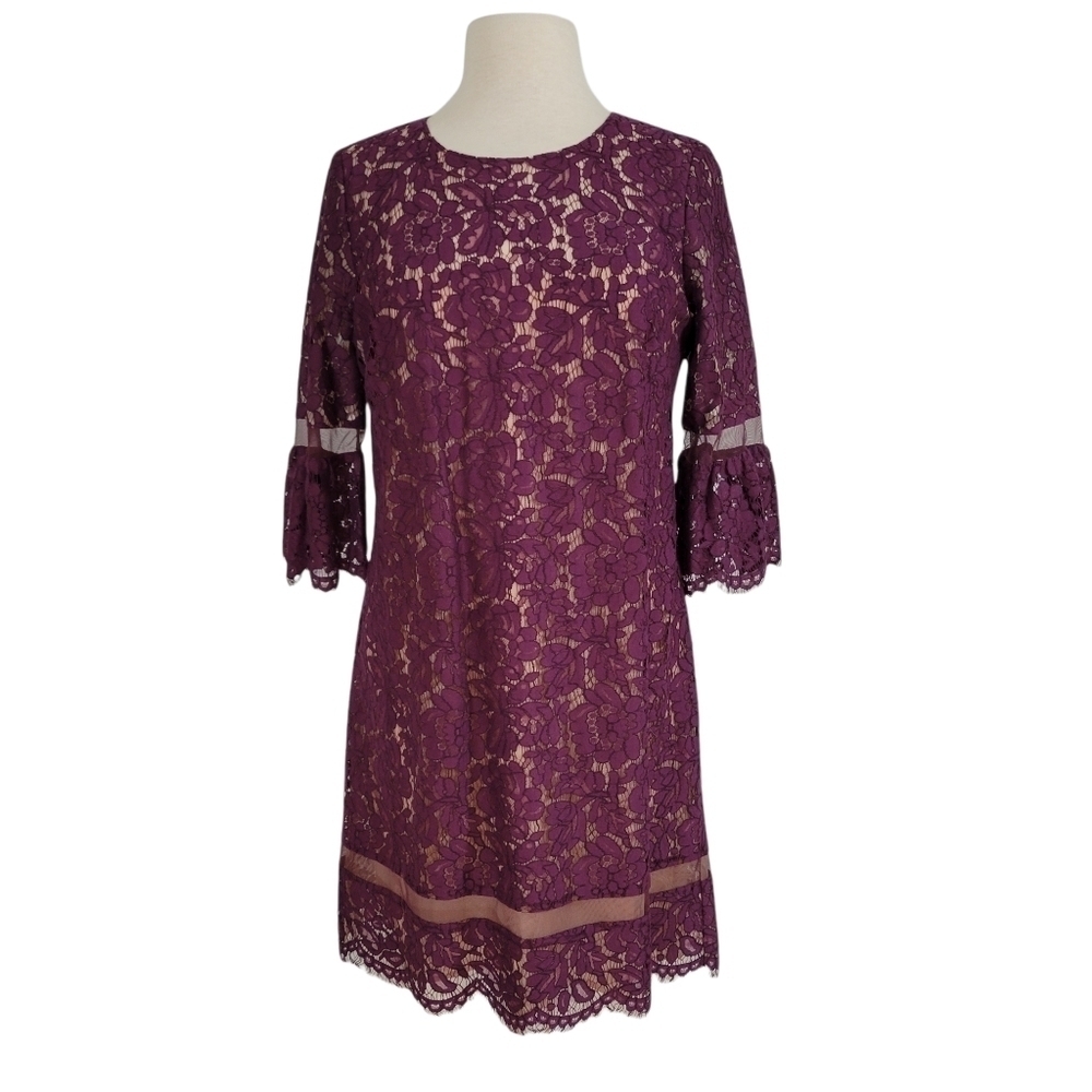 BCBGMaxAzria Maroon Lace Bell Sleeve Shift Dress